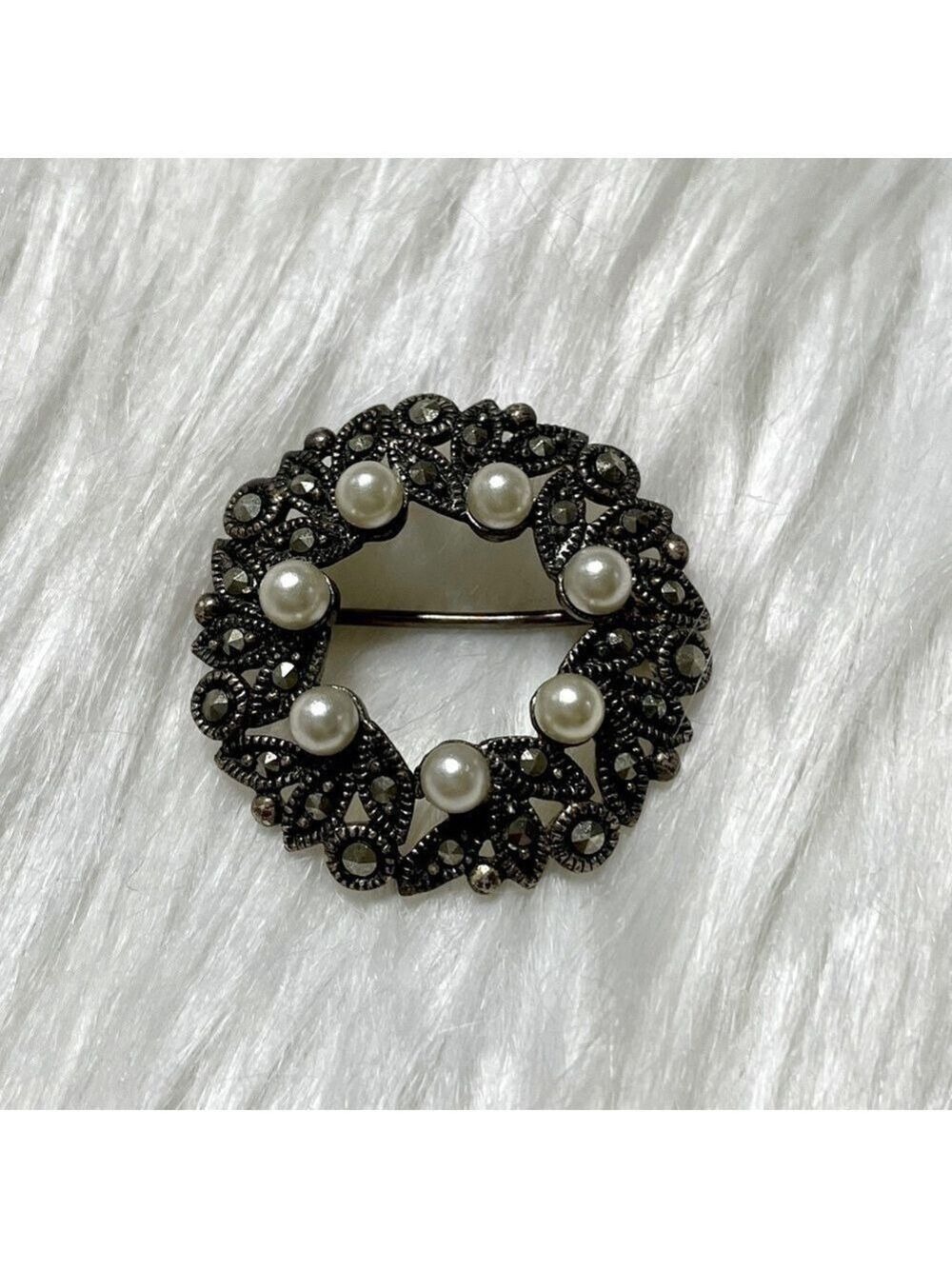 Vintage 1990s Brooch Pin Sterling Silver 925 Marcasite With Pearls